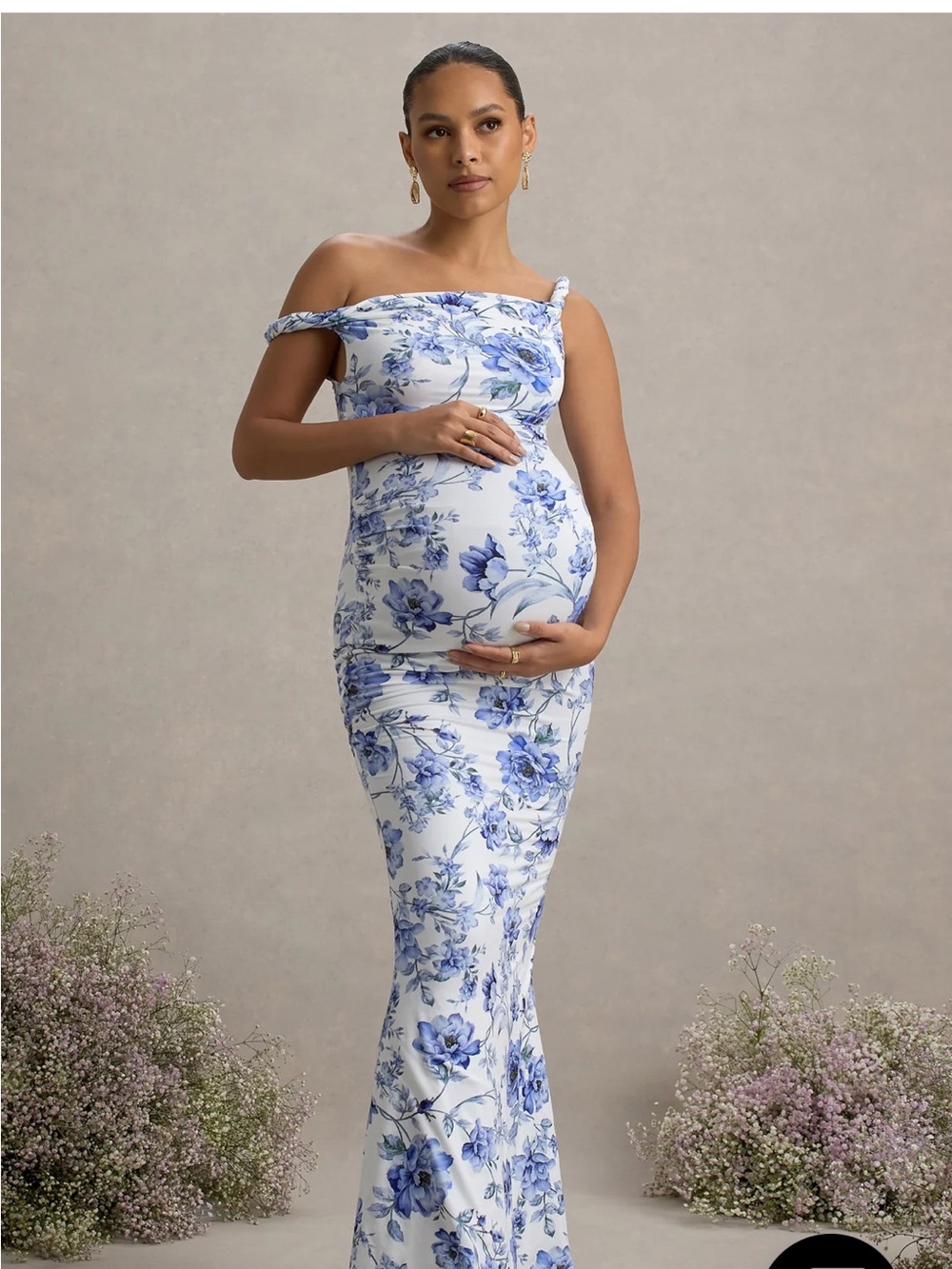 Floral Off-Shoulder Maternity Maxi Dress in Blue and White